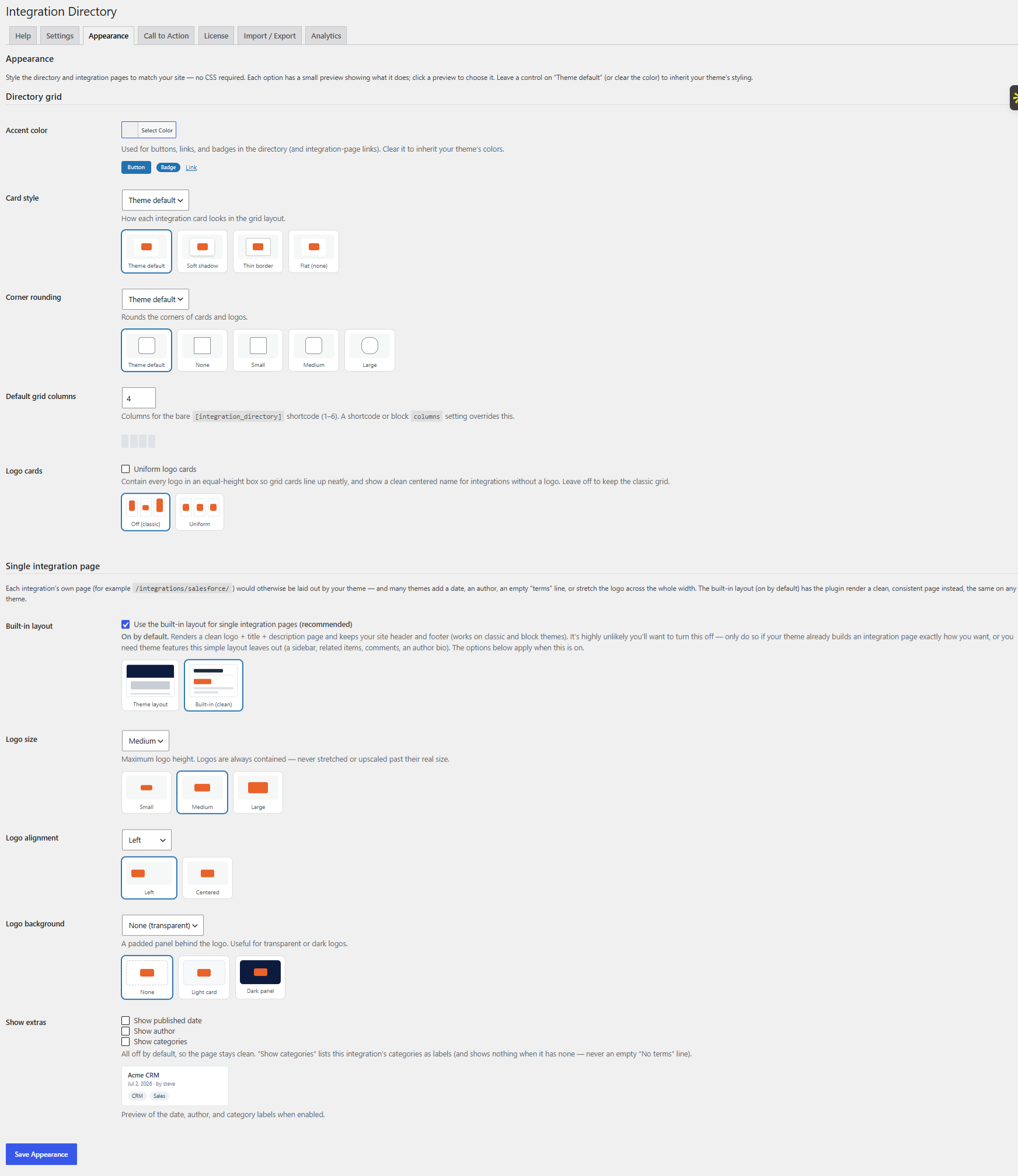 The Appearance tab with live option previews.