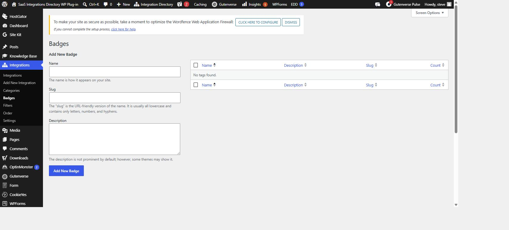 The Badges admin screen where you add badge terms like Premier or Certified.