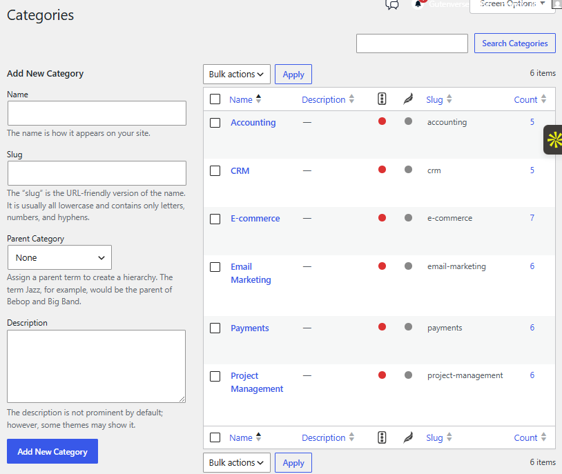 The Categories admin screen.