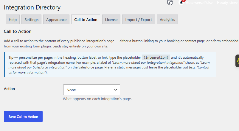 The Call to Action settings tab.