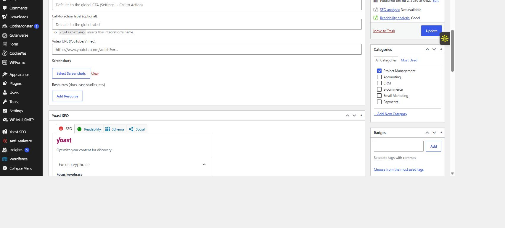 The Details box in the integration editor: Video URL, Screenshots gallery, and Resource links.