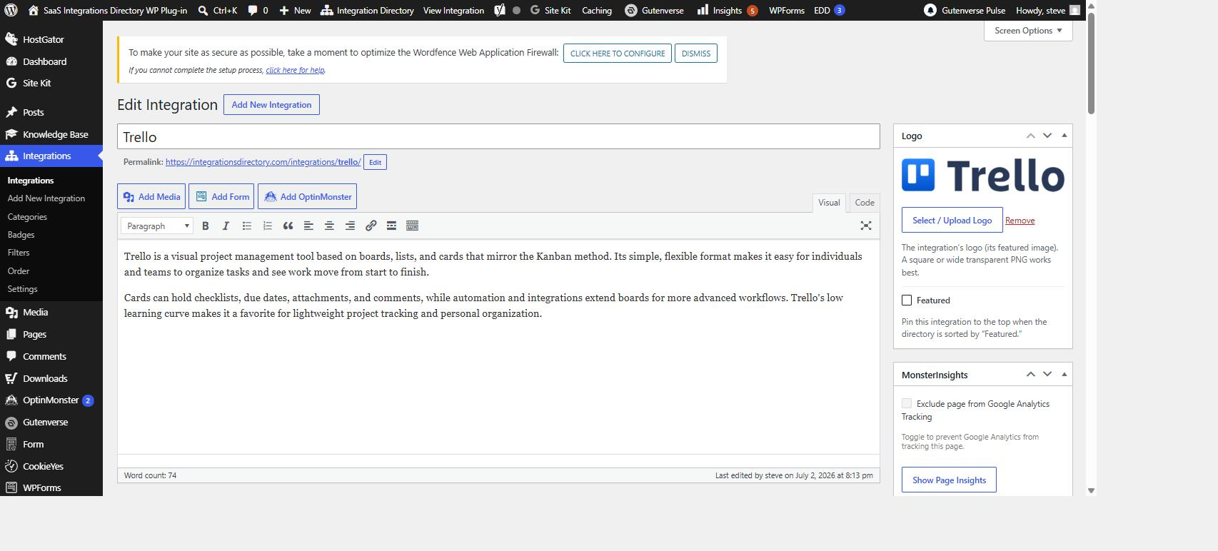 The Logo box on the integration editor, showing Select or Upload Logo and the Featured checkbox