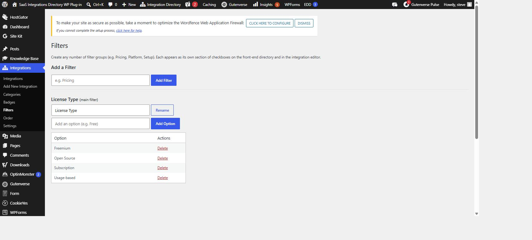 The Filters admin screen showing the License Type filter group and its options.