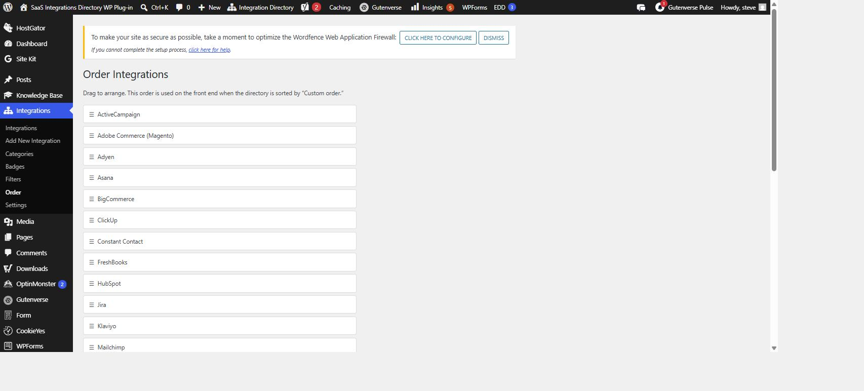 The Order Integrations admin screen with drag-to-arrange rows.